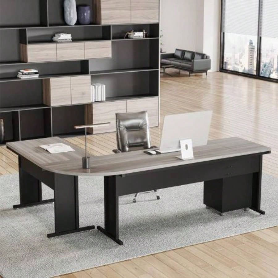 83 L - Shaped Executive Desk, Large Industrial Corner Computer Table with Reversible Design, 3 - Drawer Mobile File Cabinet, Business Workstation Home Office, Gray