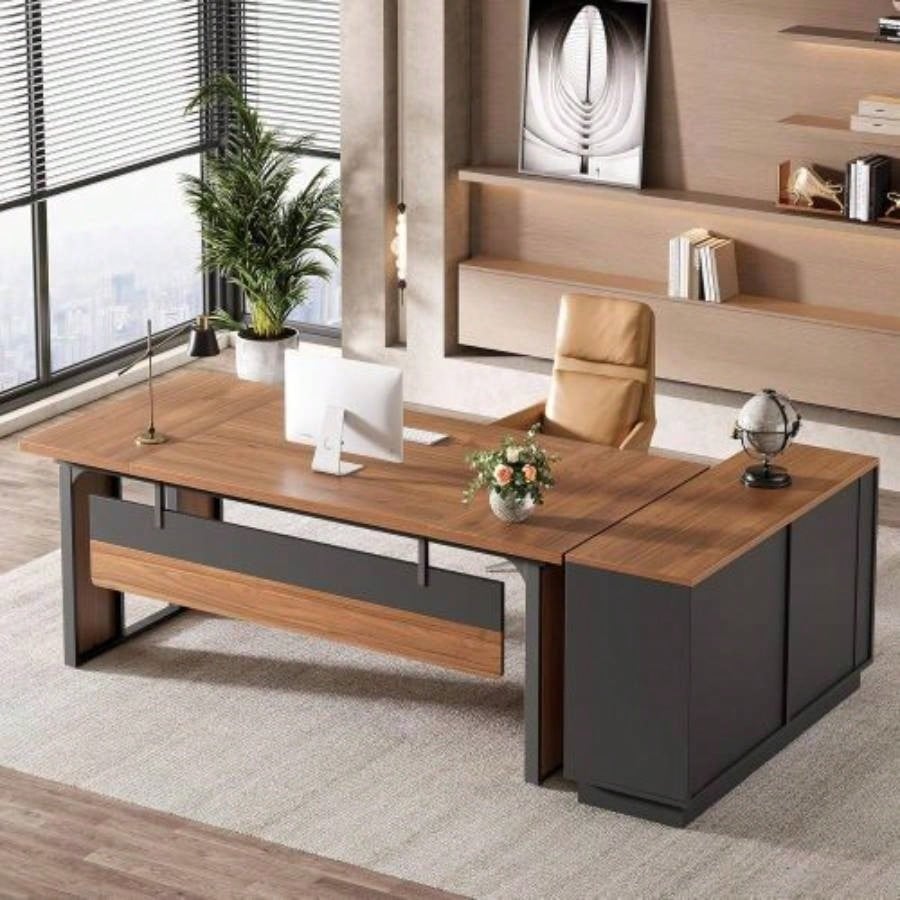 63 - Inch L - Shaped Executive Desk with 47 - Inch File Cabinet, Modern Office Computer Desk with Drawers Open Storage Shelves, Business Workstation Furniture Home Office, Brown and Black