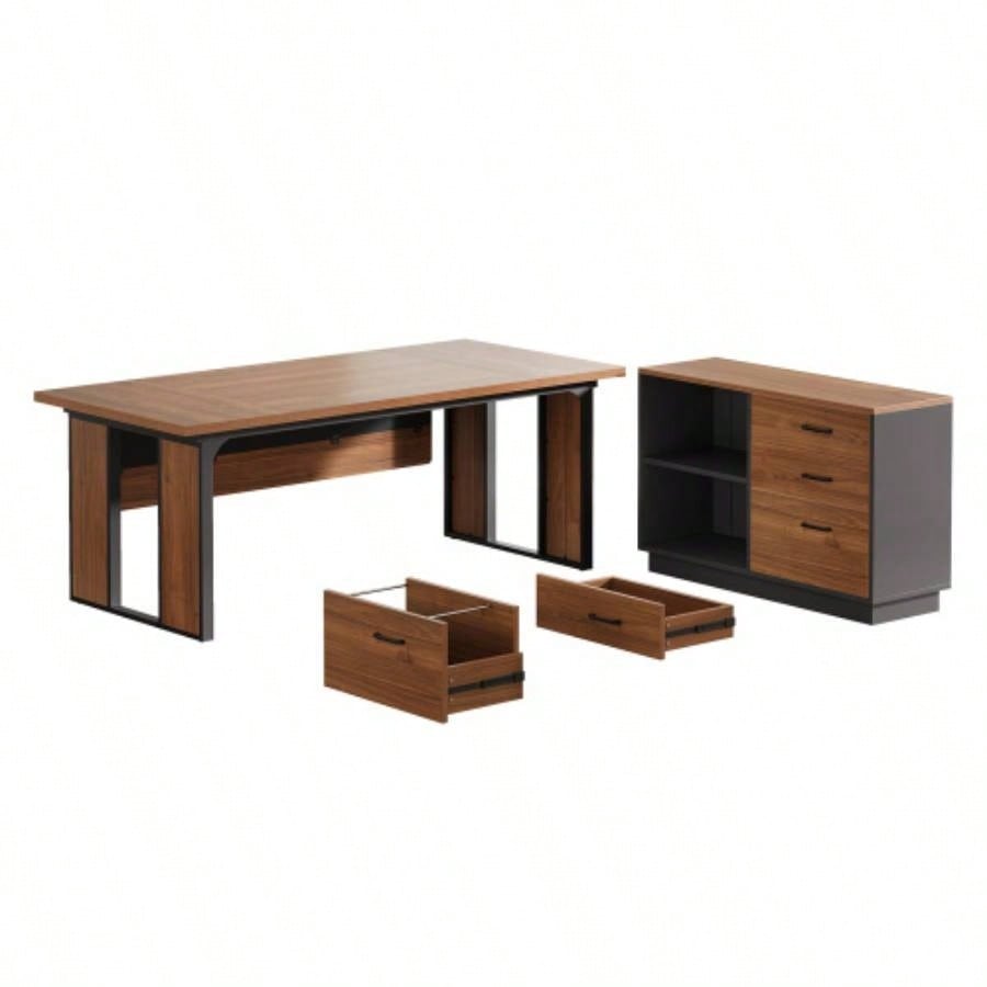 63 - Inch L - Shaped Executive Desk with 47 - Inch File Cabinet, Modern Office Computer Desk with Drawers Open Storage Shelves, Business Workstation Furniture Home Office, Brown and Black