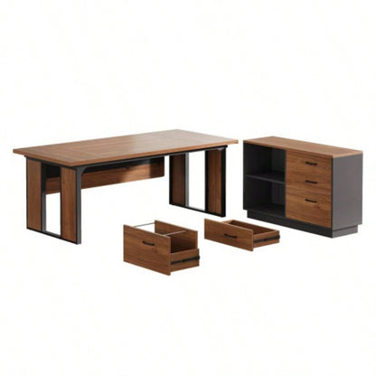 63 - Inch L - Shaped Executive Desk with 47 - Inch File Cabinet, Modern Office Computer Desk with Drawers Open Storage Shelves, Business Workstation Furniture Home Office, Brown and Black