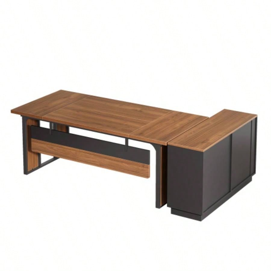 63 - Inch L - Shaped Executive Desk with 47 - Inch File Cabinet, Modern Office Computer Desk with Drawers Open Storage Shelves, Business Workstation Furniture Home Office, Brown and Black