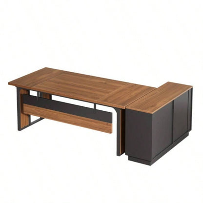 63 - Inch L - Shaped Executive Desk with 47 - Inch File Cabinet, Modern Office Computer Desk with Drawers Open Storage Shelves, Business Workstation Furniture Home Office, Brown and Black