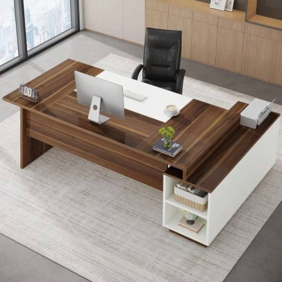 70.5 L - Shaped Executive Office Desk with Storage Cabinet Shelves, Large Modern Mid - Computer Workstation Home Office, Walnut White