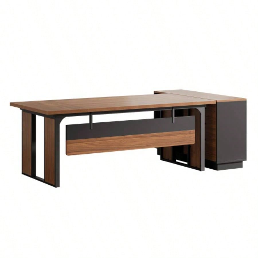 63 - Inch L - Shaped Executive Desk with 47 - Inch File Cabinet, Modern Office Computer Desk with Drawers Open Storage Shelves, Business Workstation Furniture Home Office, Brown and Black