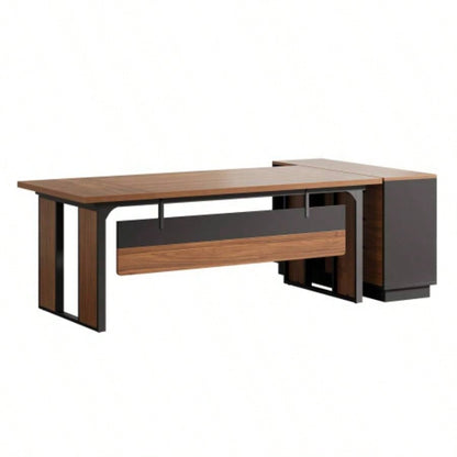 63 - Inch L - Shaped Executive Desk with 47 - Inch File Cabinet, Modern Office Computer Desk with Drawers Open Storage Shelves, Business Workstation Furniture Home Office, Brown and Black