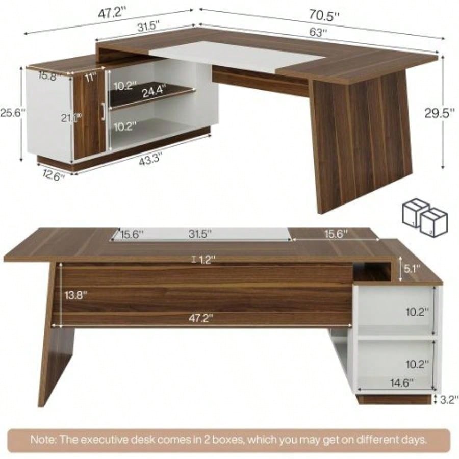 70.5 L - Shaped Executive Office Desk with Storage Cabinet Shelves, Large Modern Mid - Computer Workstation Home Office, Walnut White