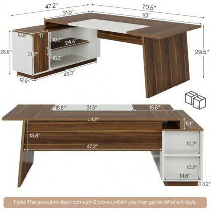 70.5 L - Shaped Executive Office Desk with Storage Cabinet Shelves, Large Modern Mid - Computer Workstation Home Office, Walnut White