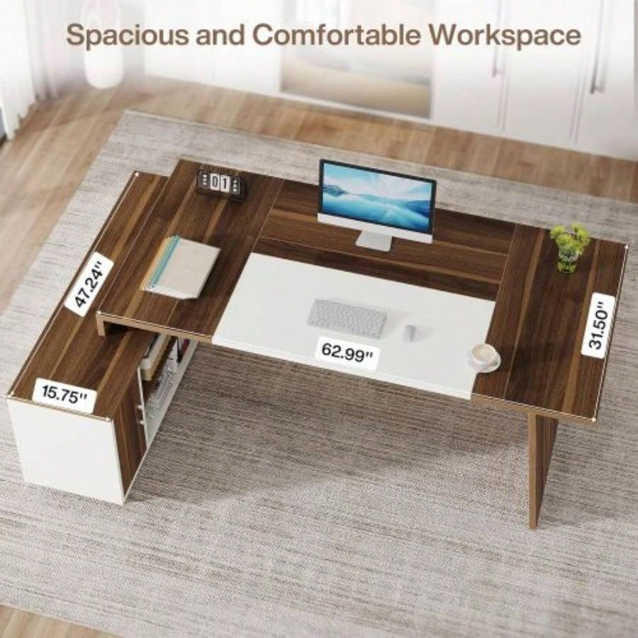 70.5 L - Shaped Executive Office Desk with Storage Cabinet Shelves, Large Modern Mid - Computer Workstation Home Office, Walnut White