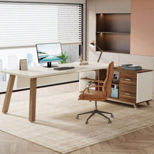 78. L - Shaped Executive Desk with 55 File Cabinet, Large Modern Computer Desk with Storage Shelves Drawers Home Office, Walnut White Workstation Furniture