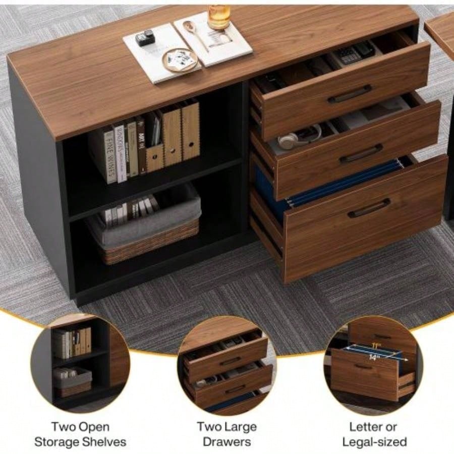 63 - Inch L - Shaped Executive Desk with 47 - Inch File Cabinet, Modern Office Computer Desk with Drawers Open Storage Shelves, Business Workstation Furniture Home Office, Brown and Black