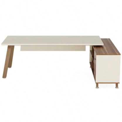 78. L - Shaped Executive Desk with 55 File Cabinet, Large Modern Computer Desk with Storage Shelves Drawers Home Office, Walnut White Workstation Furniture