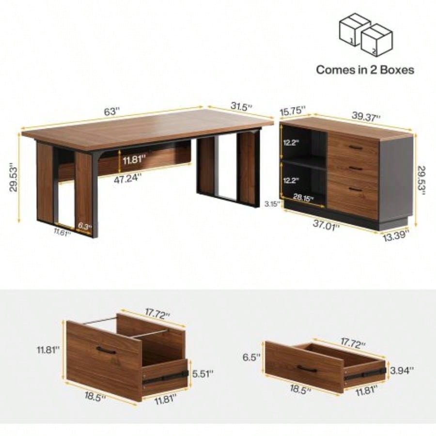 63 - Inch L - Shaped Executive Desk with 47 - Inch File Cabinet, Modern Office Computer Desk with Drawers Open Storage Shelves, Business Workstation Furniture Home Office, Brown and Black
