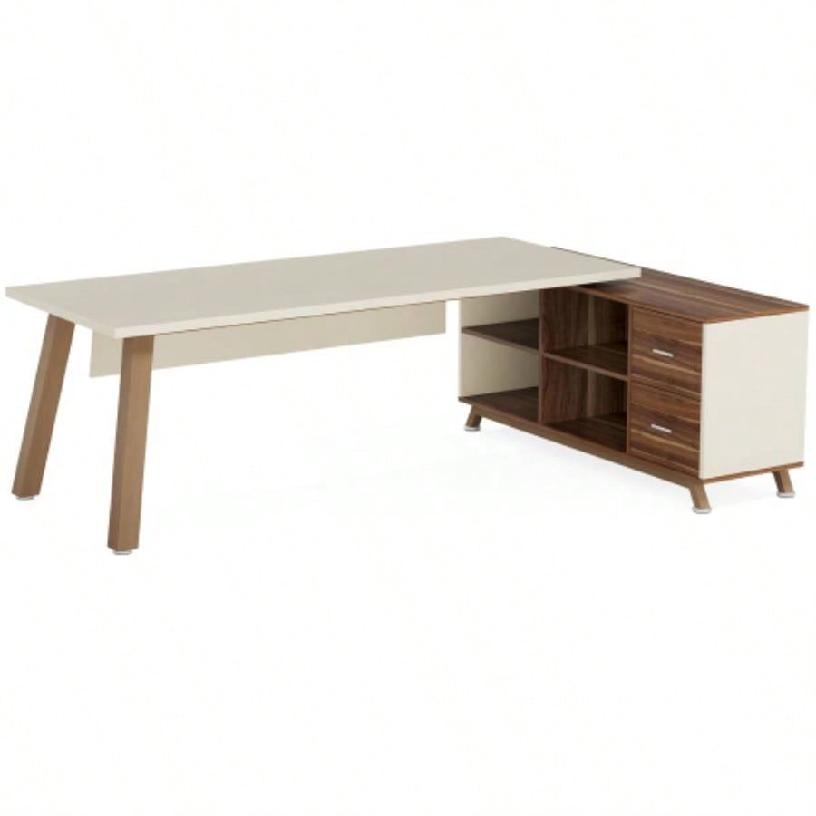 78. L - Shaped Executive Desk with 55 File Cabinet, Large Modern Computer Desk with Storage Shelves Drawers Home Office, Walnut White Workstation Furniture