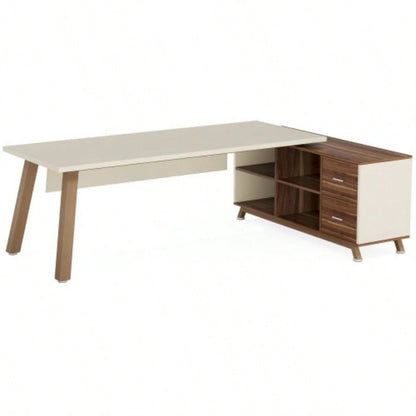 78. L - Shaped Executive Desk with 55 File Cabinet, Large Modern Computer Desk with Storage Shelves Drawers Home Office, Walnut White Workstation Furniture