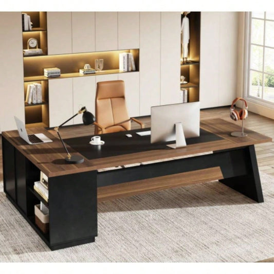 78. L - Shaped Executive Desk with File Cabinet Drawers, Large Modern Home Office Computer Workstation with Storage Shelves, Light Walnut+ Black