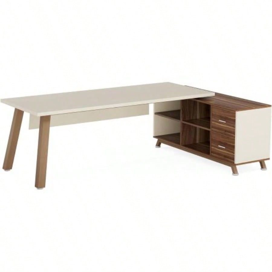 78. L - Shaped Executive Desk with 55 File Cabinet, Large Modern Computer Desk with Storage Shelves Drawers Home Office, Walnut White Workstation Furniture