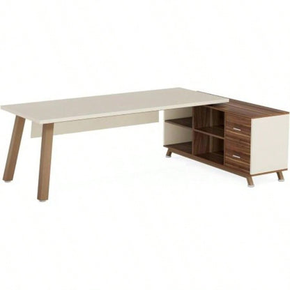 78. L - Shaped Executive Desk with 55 File Cabinet, Large Modern Computer Desk with Storage Shelves Drawers Home Office, Walnut White Workstation Furniture