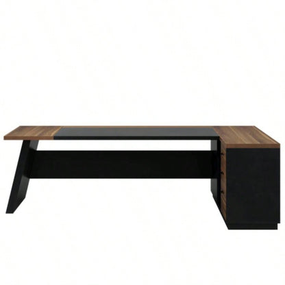 78. L - Shaped Executive Desk with File Cabinet Drawers, Large Modern Home Office Computer Workstation with Storage Shelves, Light Walnut+ Black