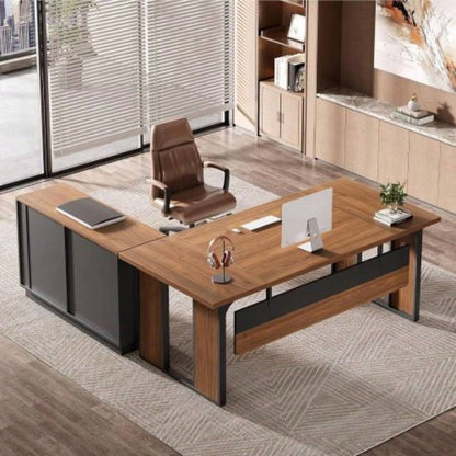 63 - Inch L - Shaped Executive Desk with 47 - Inch File Cabinet, Modern Office Computer Desk with Drawers Open Storage Shelves, Business Workstation Furniture Home Office, Brown and Black