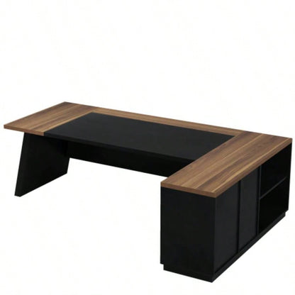78. L - Shaped Executive Desk with File Cabinet Drawers, Large Modern Home Office Computer Workstation with Storage Shelves, Light Walnut+ Black