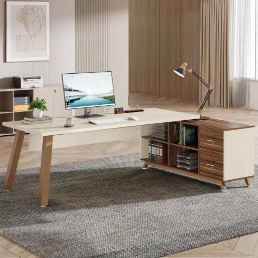 78. L - Shaped Executive Desk with 55 File Cabinet, Large Modern Computer Desk with Storage Shelves Drawers Home Office, Walnut White Workstation Furniture