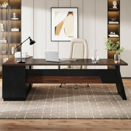 78. L - Shaped Executive Desk with File Cabinet Drawers, Large Modern Home Office Computer Workstation with Storage Shelves, Dark Walnut+ Black