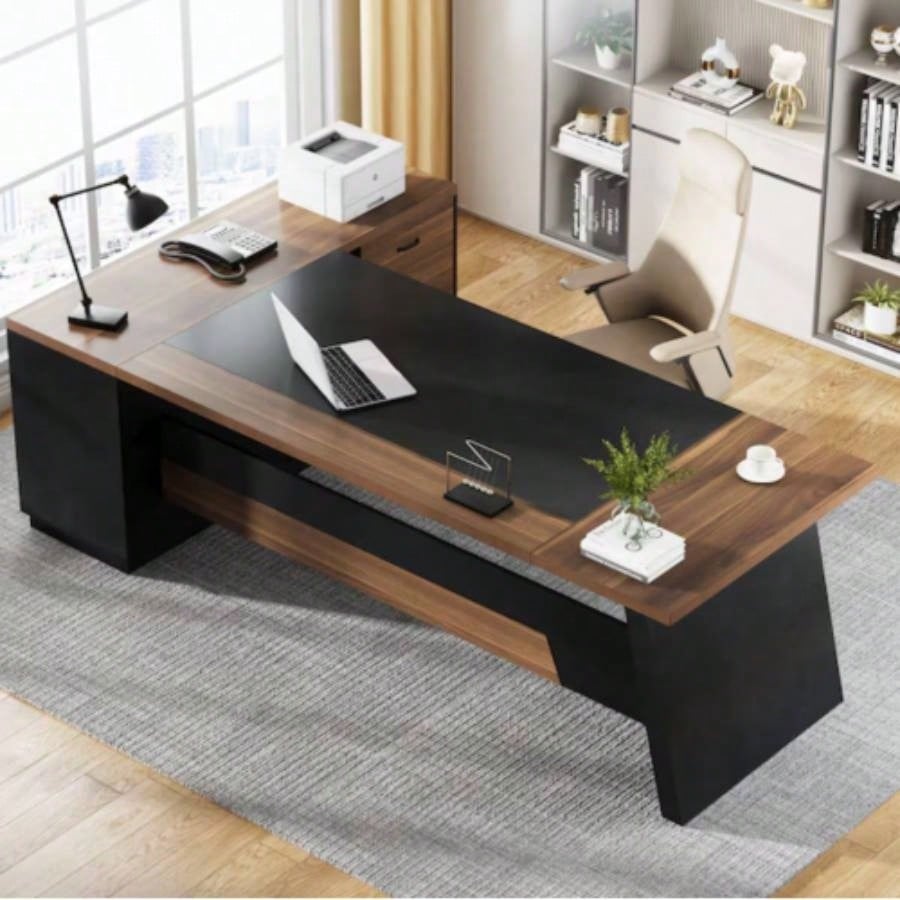 78. L - Shaped Executive Desk with File Cabinet Drawers, Large Modern Home Office Computer Workstation with Storage Shelves, Light Walnut+ Black