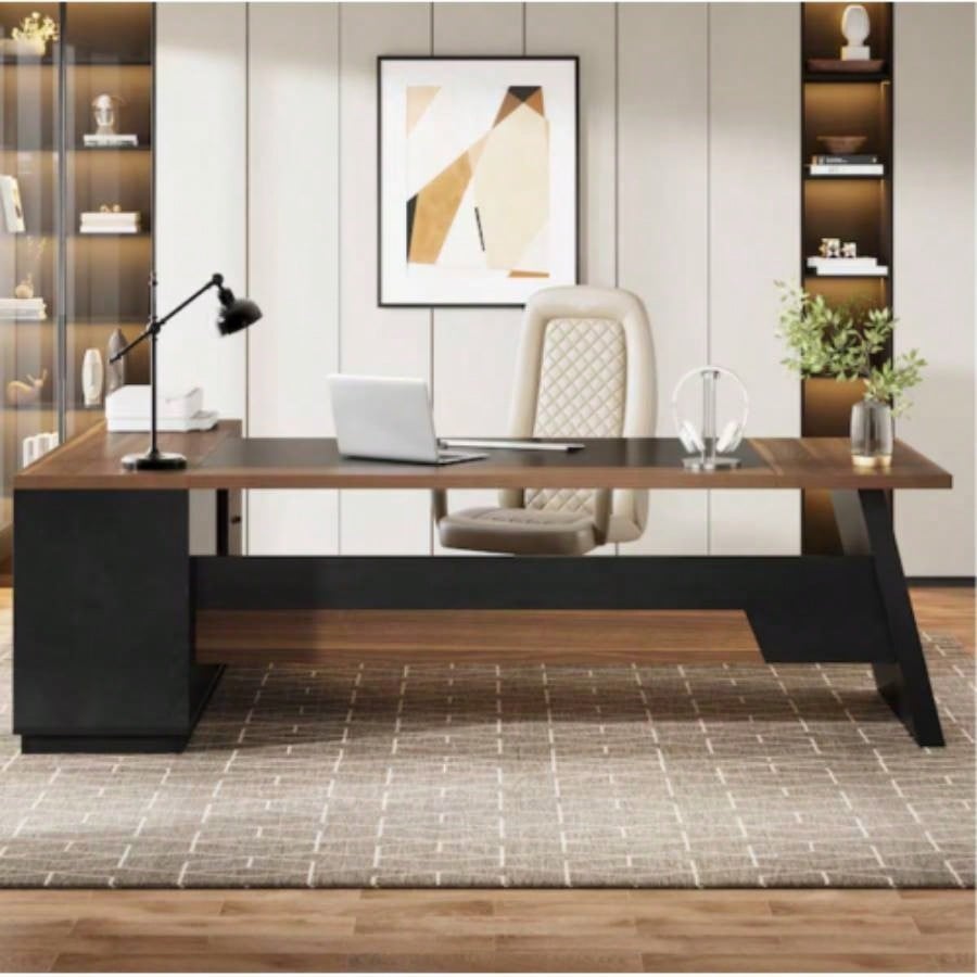 78. L - Shaped Executive Desk with File Cabinet Drawers, Large Modern Home Office Computer Workstation with Storage Shelves, Light Walnut+ Black