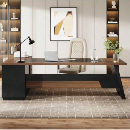 78. L - Shaped Executive Desk with File Cabinet Drawers, Large Modern Home Office Computer Workstation with Storage Shelves, Light Walnut+ Black