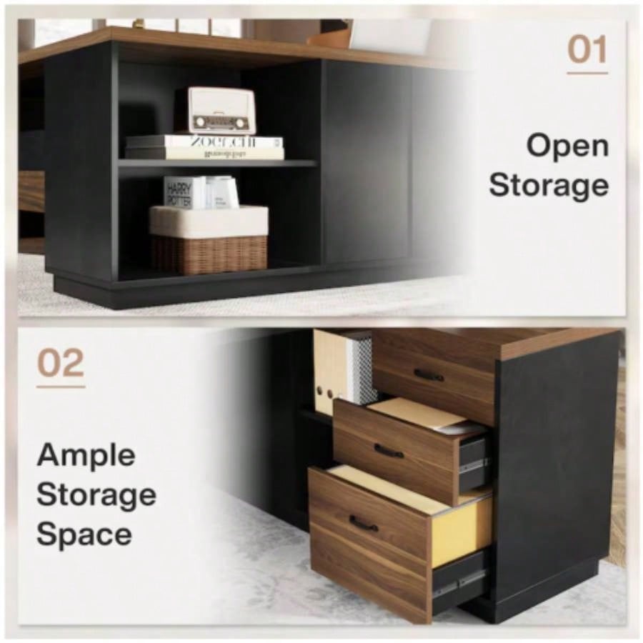 78. L - Shaped Executive Desk with File Cabinet Drawers, Large Modern Home Office Computer Workstation with Storage Shelves, Light Walnut+ Black