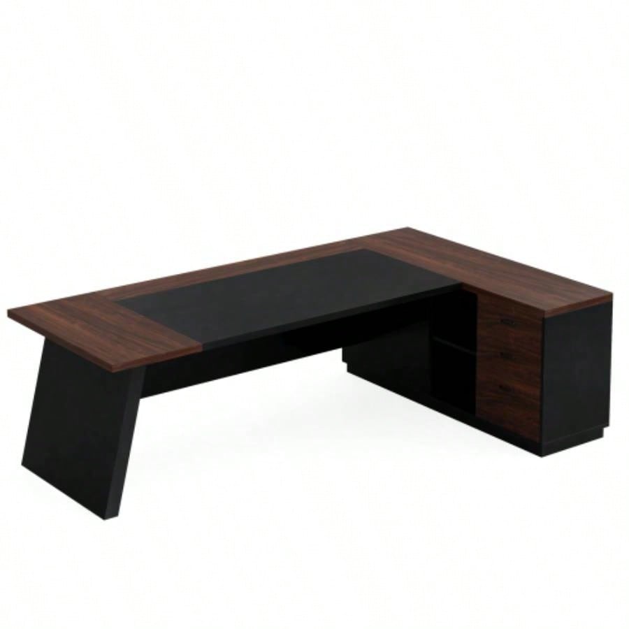 78. L - Shaped Executive Desk with File Cabinet Drawers, Large Modern Home Office Computer Workstation with Storage Shelves, Dark Walnut+ Black