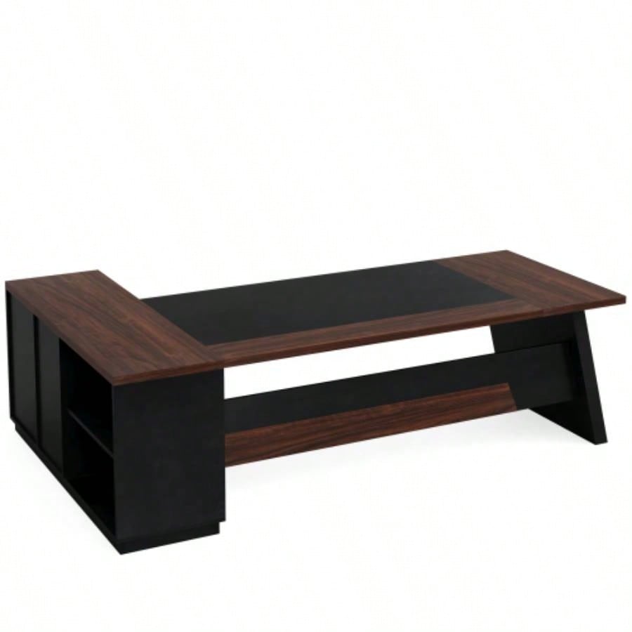 78. L - Shaped Executive Desk with File Cabinet Drawers, Large Modern Home Office Computer Workstation with Storage Shelves, Dark Walnut+ Black