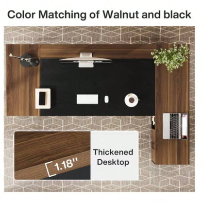 78. L - Shaped Executive Desk with File Cabinet Drawers, Large Modern Home Office Computer Workstation with Storage Shelves, Light Walnut+ Black