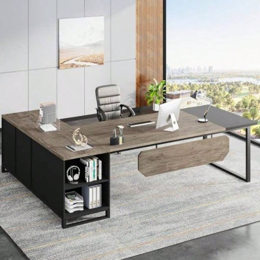 70.8 L - Shaped Executive Desk with 55 File Cabinet, Large Industrial Computer Workstation with Storage, Corner Office Desk Home Business, Retro Gray Black