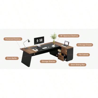78. L - Shaped Executive Desk with File Cabinet Drawers, Large Modern Home Office Computer Workstation with Storage Shelves, Light Walnut+ Black