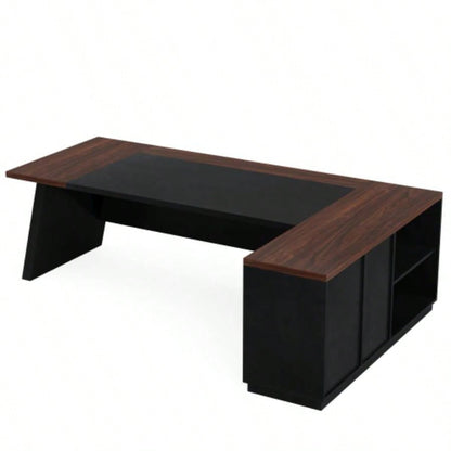 78. L - Shaped Executive Desk with File Cabinet Drawers, Large Modern Home Office Computer Workstation with Storage Shelves, Dark Walnut+ Black
