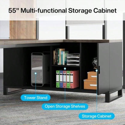 70.8 L - Shaped Executive Desk with 55 File Cabinet, Large Industrial Computer Workstation with Storage, Corner Office Desk Home Business, Retro Gray Black