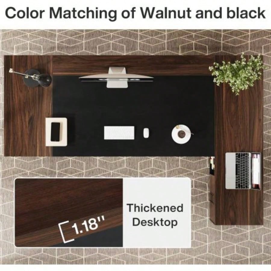 78. L - Shaped Executive Desk with File Cabinet Drawers, Large Modern Home Office Computer Workstation with Storage Shelves, Dark Walnut+ Black