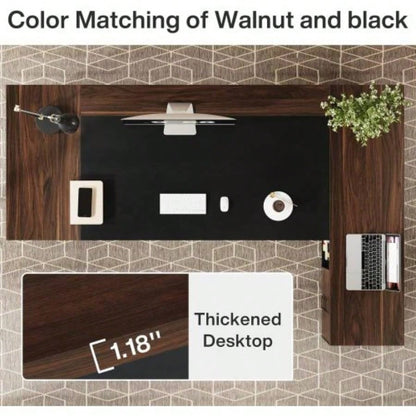 78. L - Shaped Executive Desk with File Cabinet Drawers, Large Modern Home Office Computer Workstation with Storage Shelves, Dark Walnut+ Black