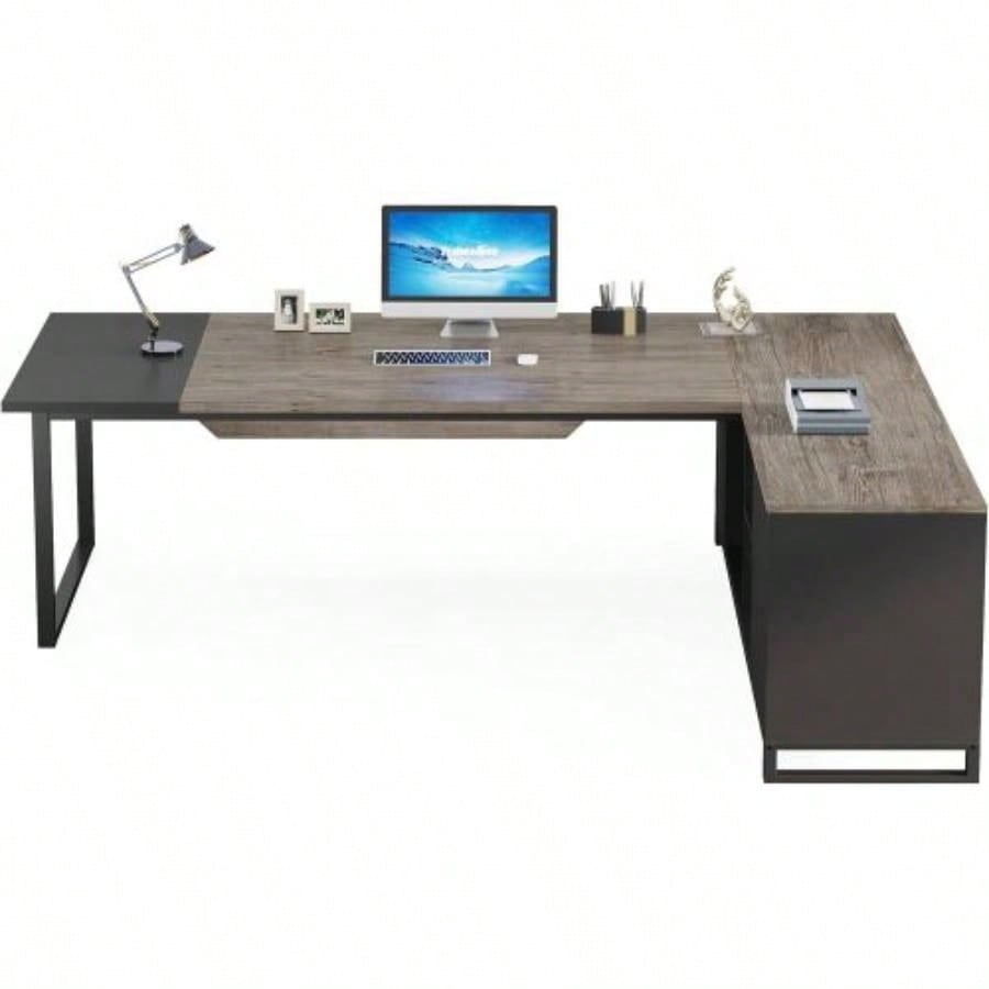 70.8 L - Shaped Executive Desk with 55 File Cabinet, Large Industrial Computer Workstation with Storage, Corner Office Desk Home Business, Retro Gray Black