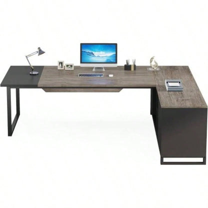70.8 L - Shaped Executive Desk with 55 File Cabinet, Large Industrial Computer Workstation with Storage, Corner Office Desk Home Business, Retro Gray Black