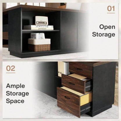 78. L - Shaped Executive Desk with File Cabinet Drawers, Large Modern Home Office Computer Workstation with Storage Shelves, Dark Walnut+ Black