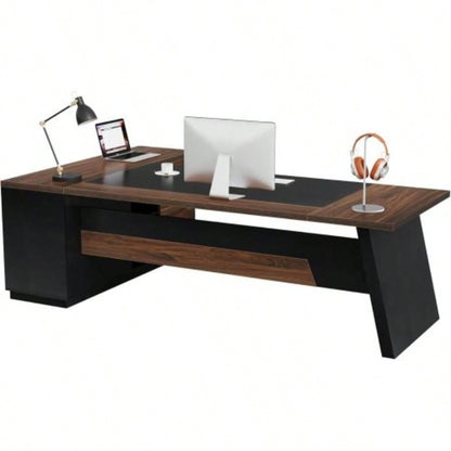 78. L - Shaped Executive Desk with File Cabinet Drawers, Large Modern Home Office Computer Workstation with Storage Shelves, Dark Walnut+ Black
