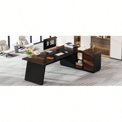78. L - Shaped Executive Desk with File Cabinet Drawers, Large Modern Home Office Computer Workstation with Storage Shelves, Dark Walnut+ Black