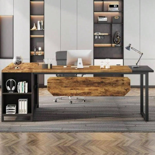 70.8 L - Shaped Executive Desk with 55 File Cabinet, Large Industrial Computer Workstation with Storage, Corner Office Desk Home Business, Rustic Brown Black