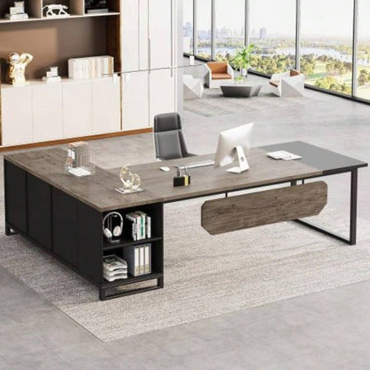 70.8 L - Shaped Executive Desk with 55 File Cabinet, Large Industrial Computer Workstation with Storage, Corner Office Desk Home Business, Retro Gray Black