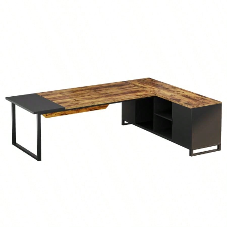 70.8 L - Shaped Executive Desk with 55 File Cabinet, Large Industrial Computer Workstation with Storage, Corner Office Desk Home Business, Rustic Brown Black