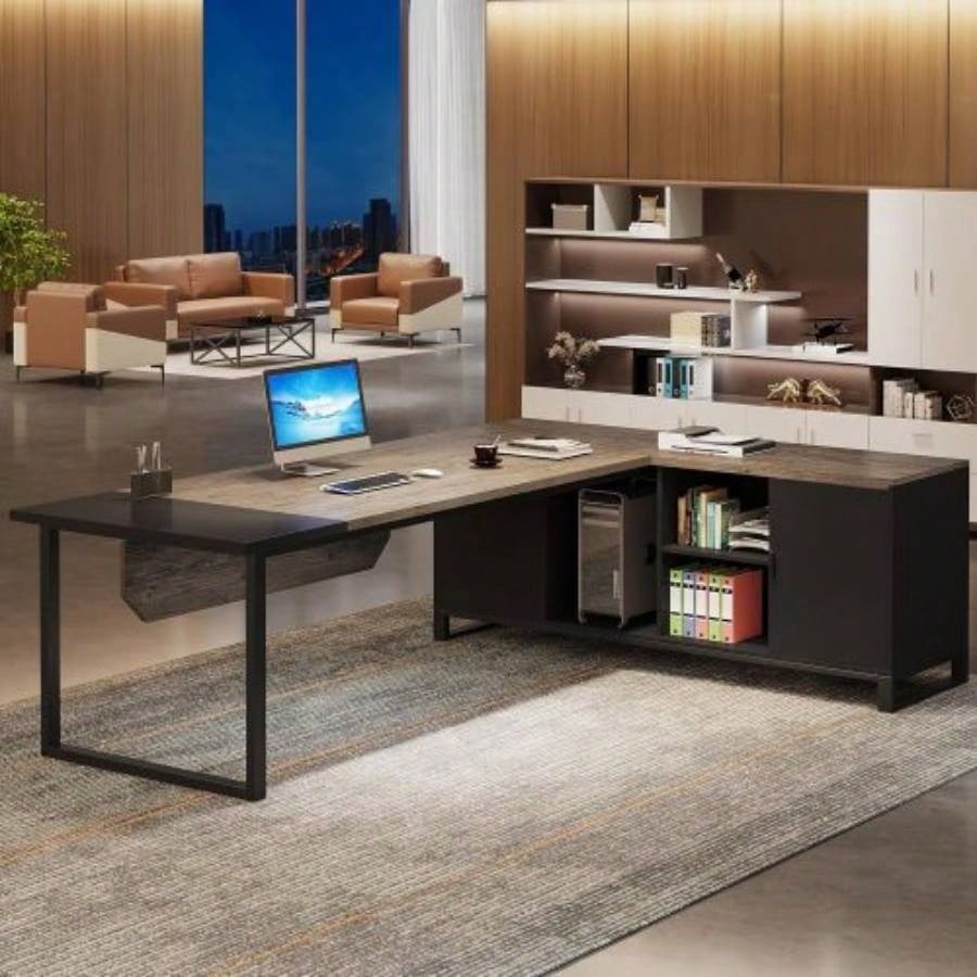 70.8 L - Shaped Executive Desk with 55 File Cabinet, Large Industrial Computer Workstation with Storage, Corner Office Desk Home Business, Retro Gray Black