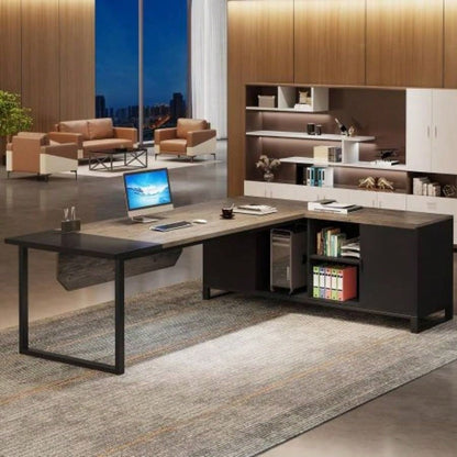 70.8 L - Shaped Executive Desk with 55 File Cabinet, Large Industrial Computer Workstation with Storage, Corner Office Desk Home Business, Retro Gray Black