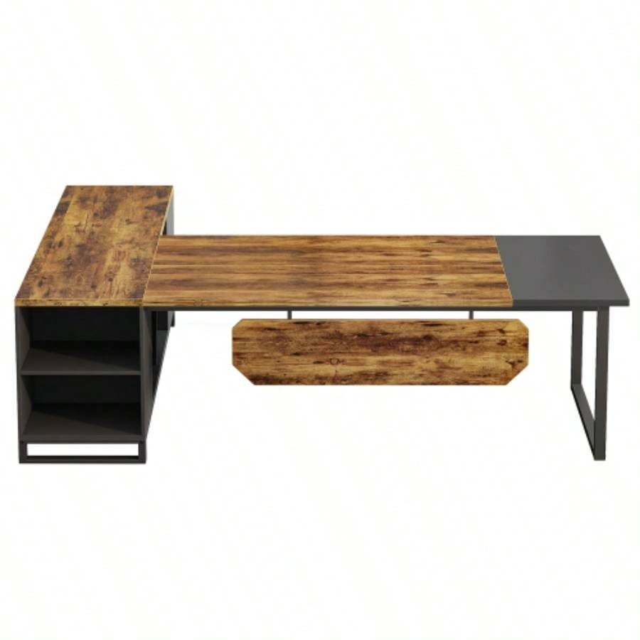 70.8 L - Shaped Executive Desk with 55 File Cabinet, Large Industrial Computer Workstation with Storage, Corner Office Desk Home Business, Rustic Brown Black